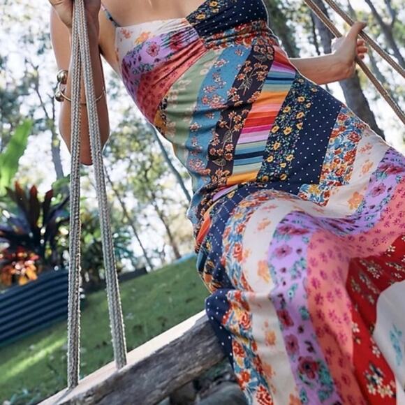 Free People Fiona Maxi Bodycon Dress Confetti Rainbow Striped Floral Boho S - Picture 1 of 11